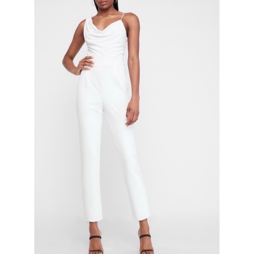 Express Jumpsuit XL White NWT One Shoulder Cowl Neck Straight Leg Elegant